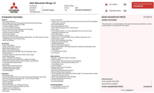 used 2024 Mitsubishi Mirage car, priced at $12,905