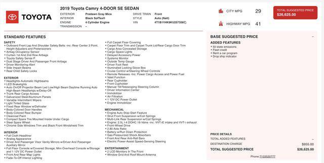 used 2019 Toyota Camry car, priced at $13,500