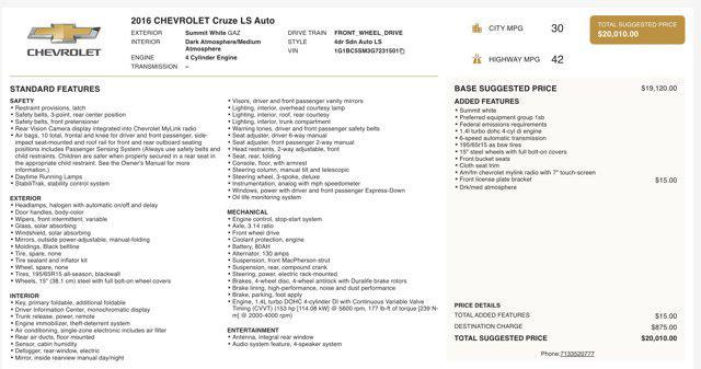 used 2016 Chevrolet Cruze car, priced at $7,000