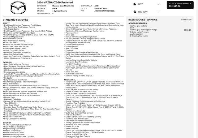 used 2024 Mazda CX-90 PHEV car, priced at $30,000