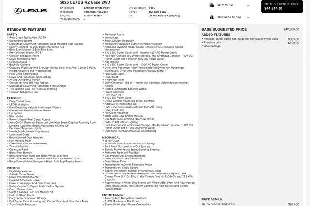 used 2025 Lexus RZ 300e car, priced at $33,000