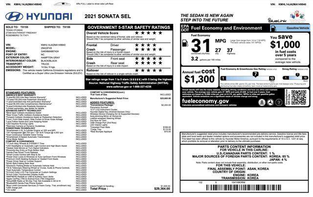 used 2021 Hyundai Sonata car, priced at $15,800