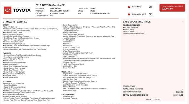 used 2017 Toyota Corolla car, priced at $13,500