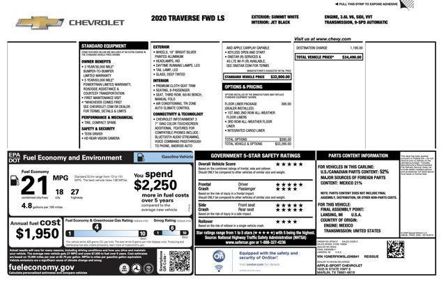 used 2020 Chevrolet Traverse car, priced at $16,905