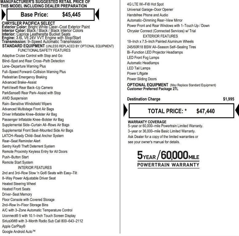 new 2025 Chrysler Pacifica car, priced at $45,126