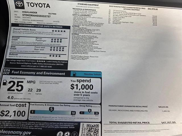 new 2025 Toyota Highlander car, priced at $47,107