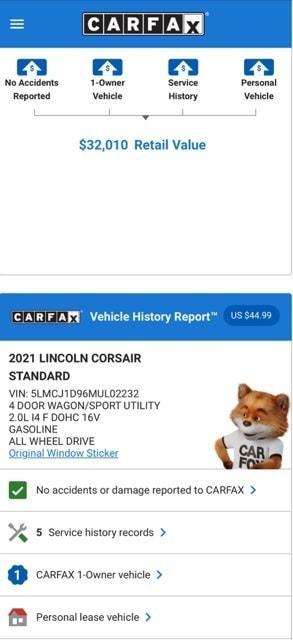 used 2021 Lincoln Corsair car, priced at $28,874