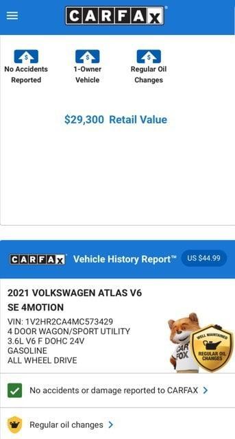 used 2021 Volkswagen Atlas car, priced at $26,974