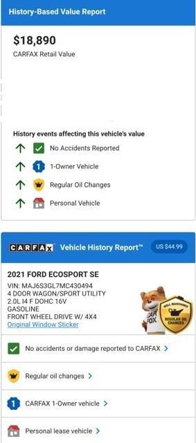 used 2021 Ford EcoSport car, priced at $17,574