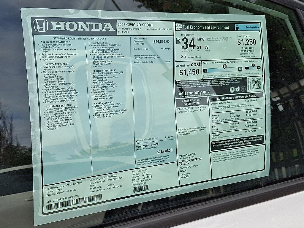 new 2026 Honda Civic car, priced at $28,031