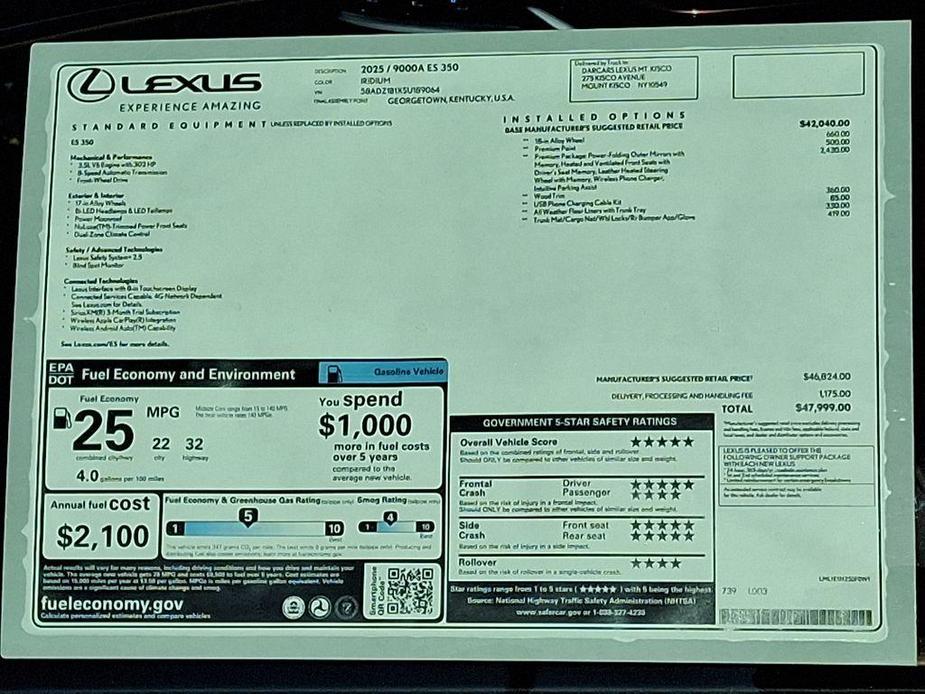 new 2025 Lexus ES 350 car, priced at $47,999