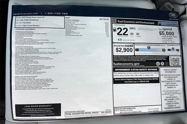 new 2025 Land Rover Range Rover Sport car, priced at $91,380