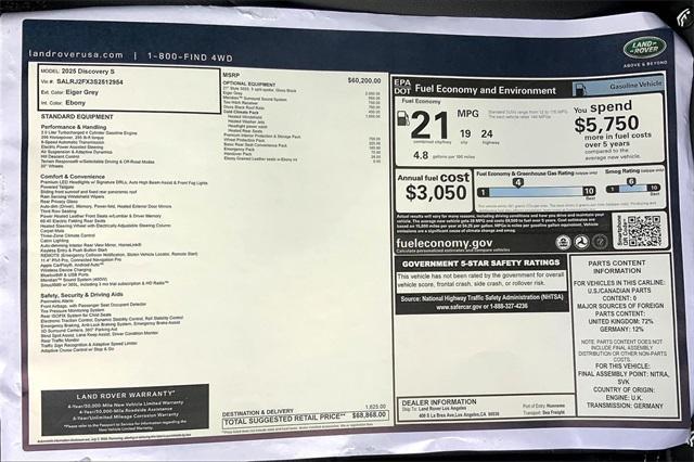 new 2025 Land Rover Discovery car, priced at $68,868