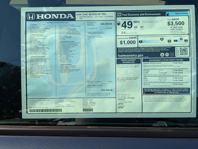 new 2026 Honda Civic Hybrid car, priced at $31,488