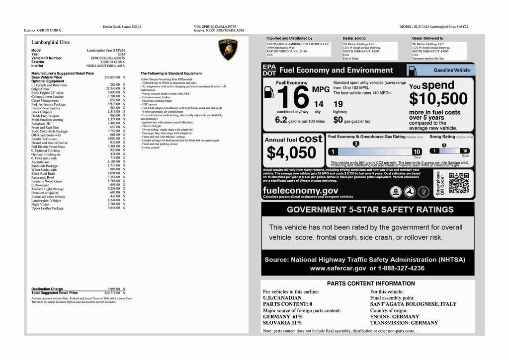 used 2024 Lamborghini Urus car, priced at $253,149