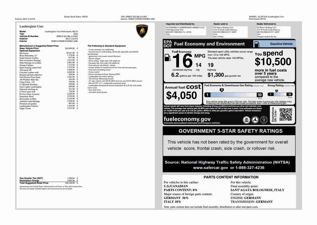used 2024 Lamborghini Urus car, priced at $298,759