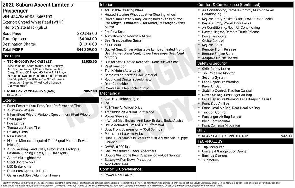 used 2020 Subaru Ascent car, priced at $20,151