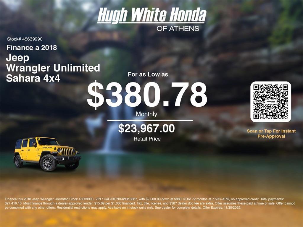 used 2018 Jeep Wrangler Unlimited car, priced at $22,980