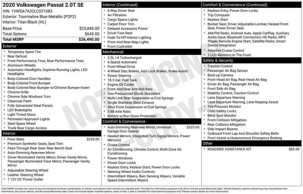 used 2020 Volkswagen Passat car, priced at $18,535