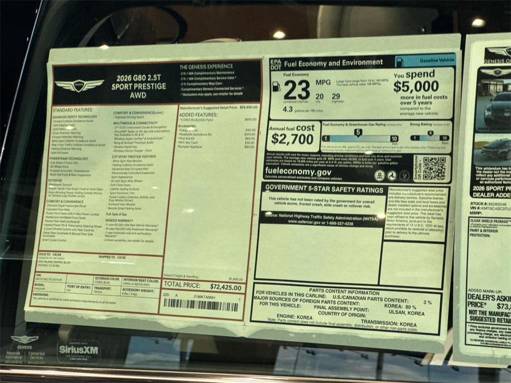 new 2026 Genesis G80 car, priced at $72,425