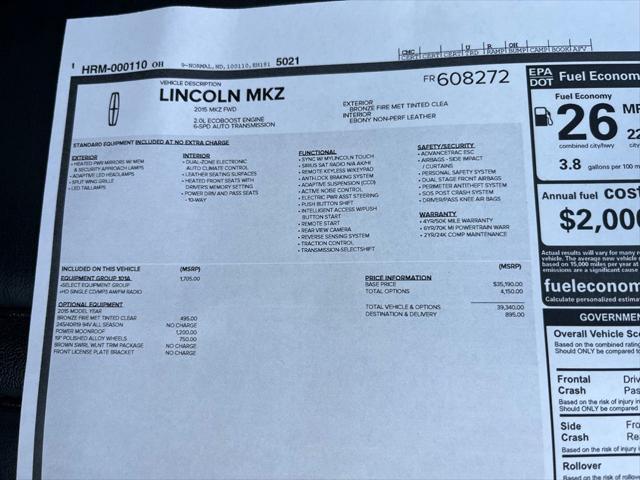 used 2015 Lincoln MKZ car, priced at $14,800