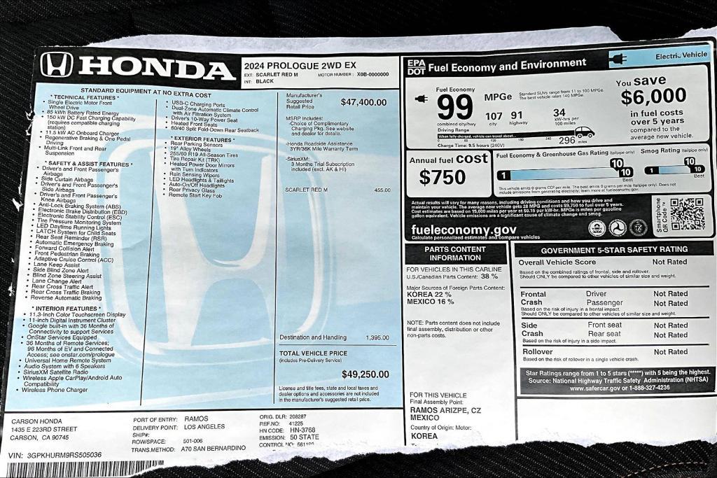 new 2024 Honda Prologue car, priced at $49,250