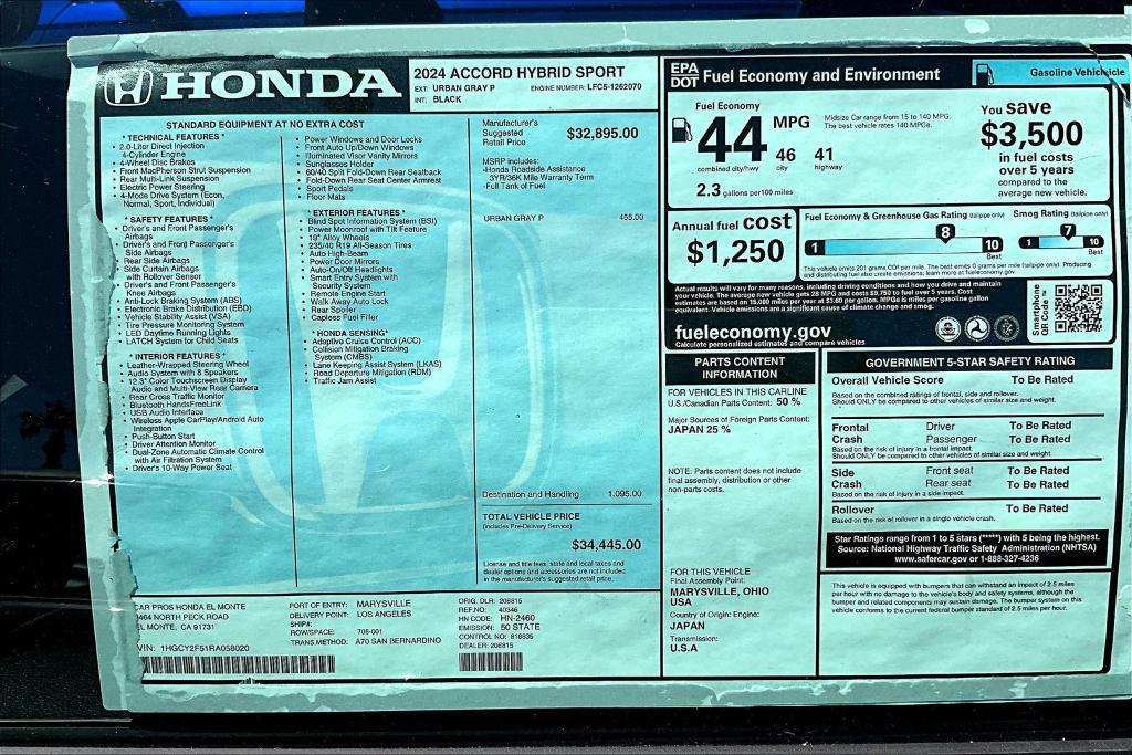 new 2024 Honda Accord Hybrid car, priced at $34,900