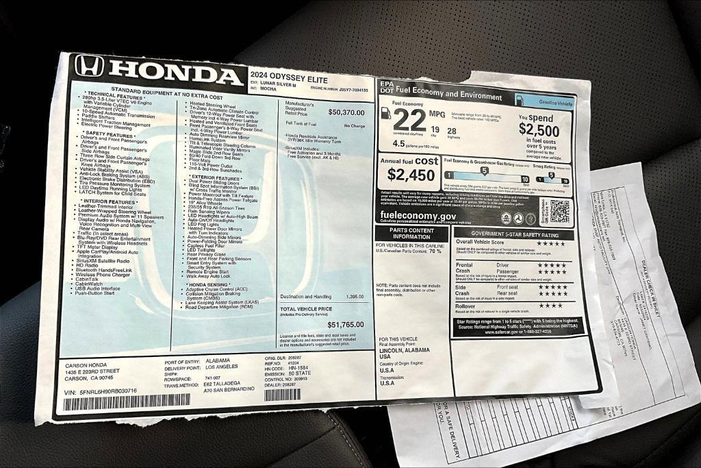 new 2024 Honda Odyssey car, priced at $50,692