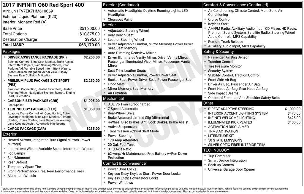 used 2017 INFINITI Q60 car, priced at $16,885