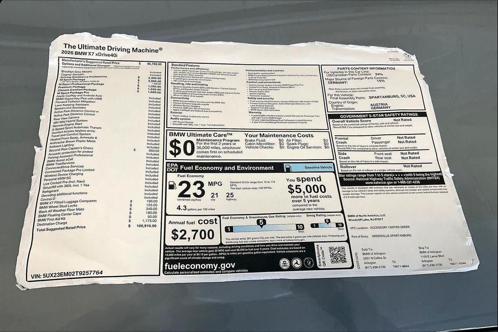 new 2026 BMW X7 car, priced at $100,910