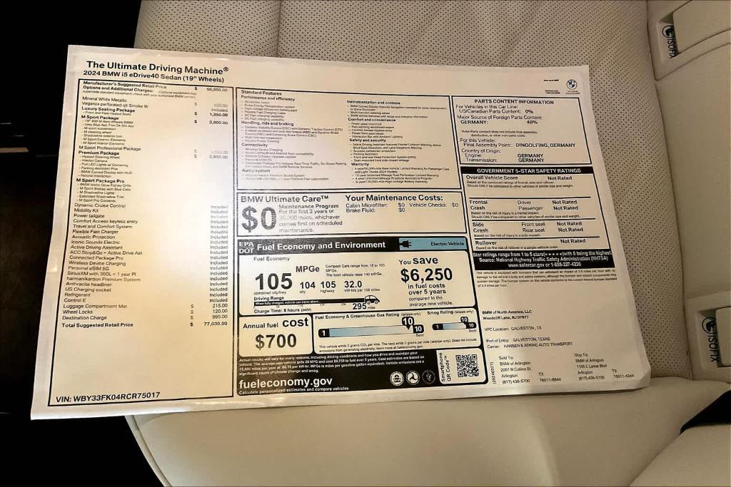 new 2024 BMW i5 car, priced at $77,030