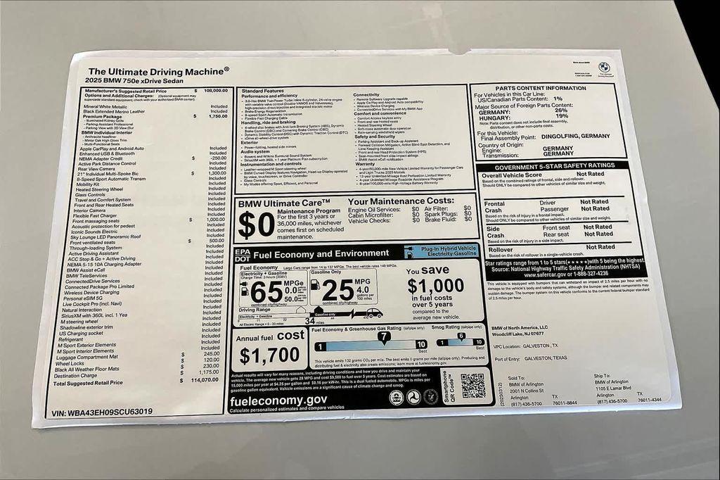 new 2025 BMW 750e car, priced at $114,070