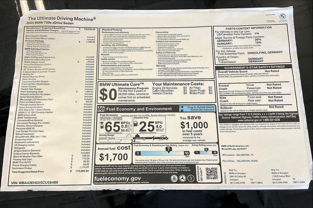 new 2025 BMW 750e car, priced at $112,685