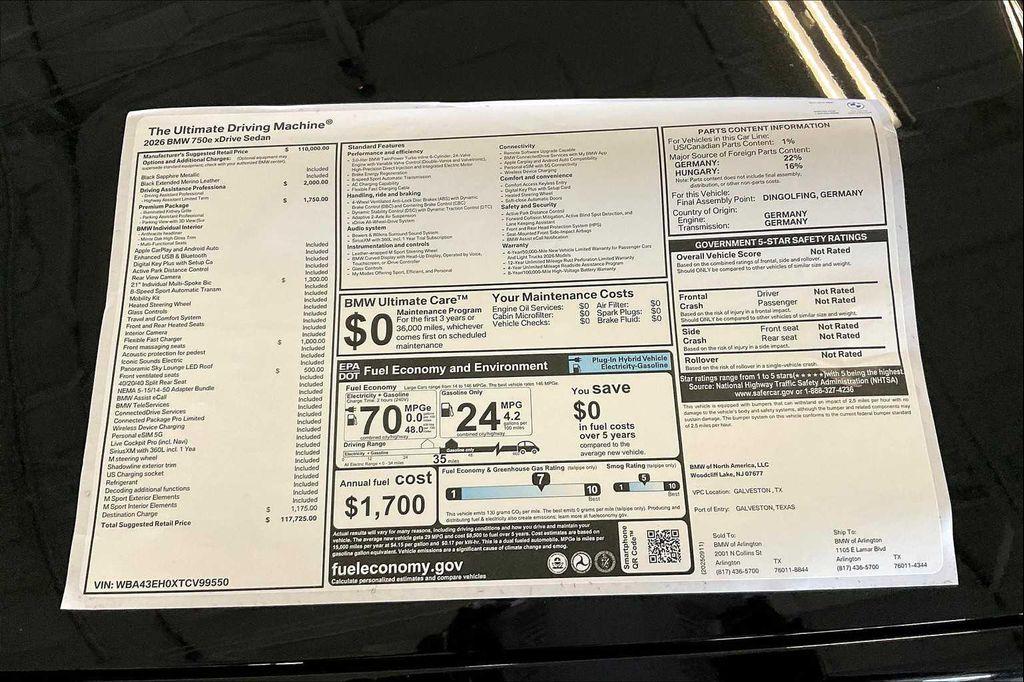 new 2026 BMW 750e car, priced at $117,725