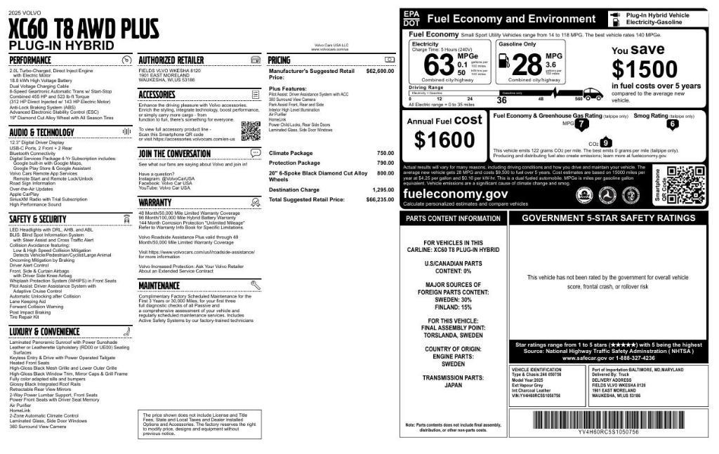 new 2025 Volvo XC60 Plug-In Hybrid car, priced at $66,235