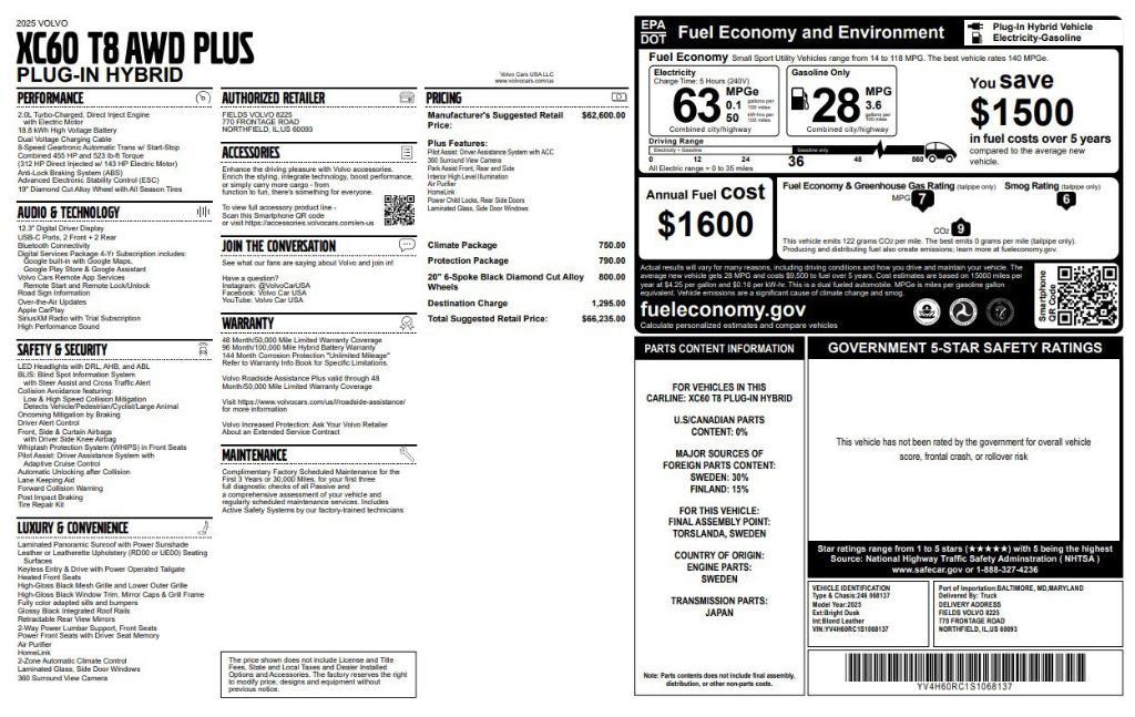 new 2025 Volvo XC60 Plug-In Hybrid car, priced at $66,235
