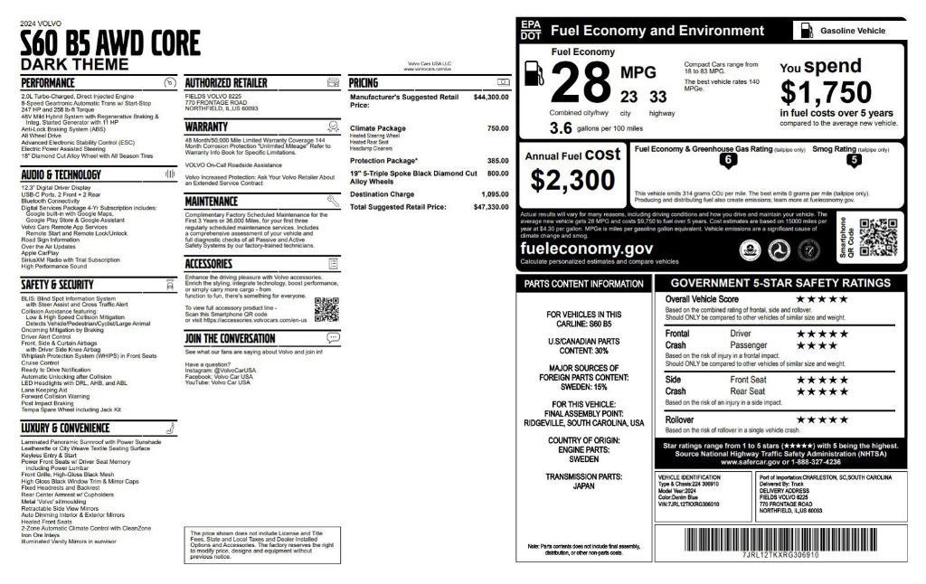 new 2024 Volvo S60 car, priced at $47,330