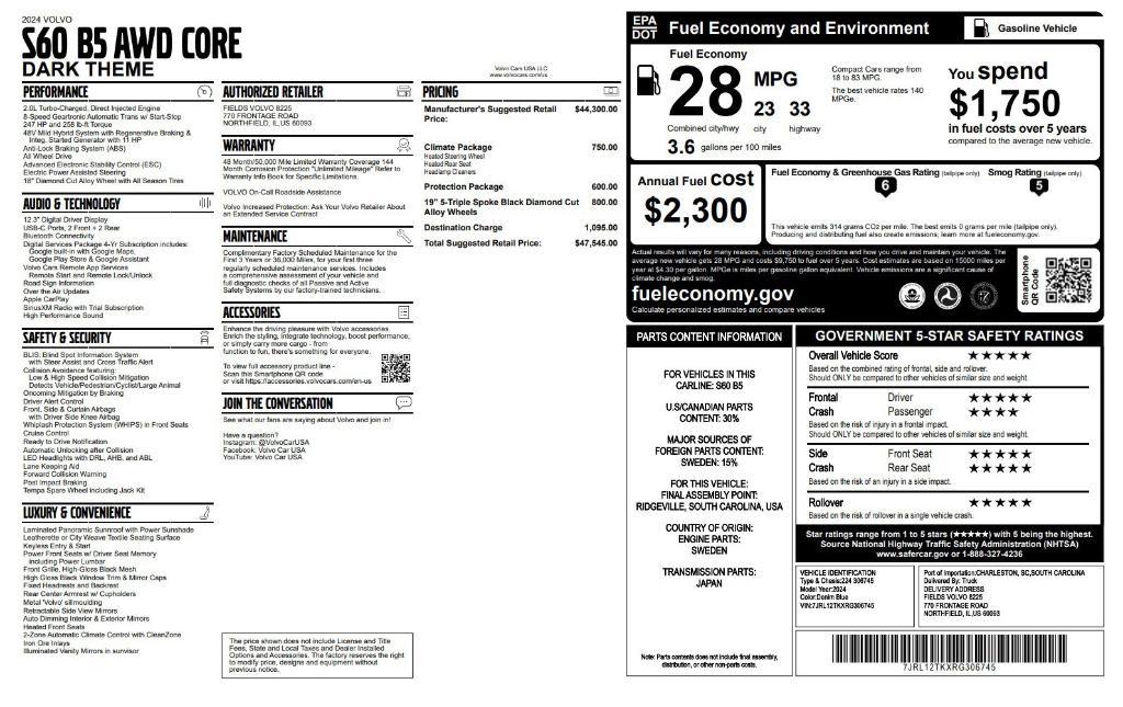 new 2024 Volvo S60 car, priced at $47,545