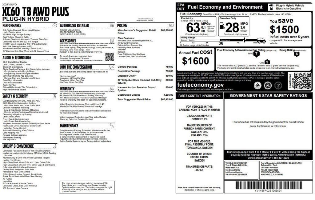 new 2025 Volvo XC60 Plug-In Hybrid car, priced at $67,425