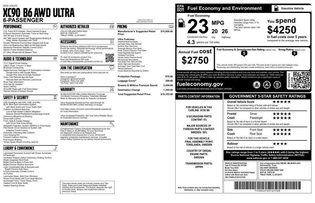 new 2025 Volvo XC90 car, priced at $65,901