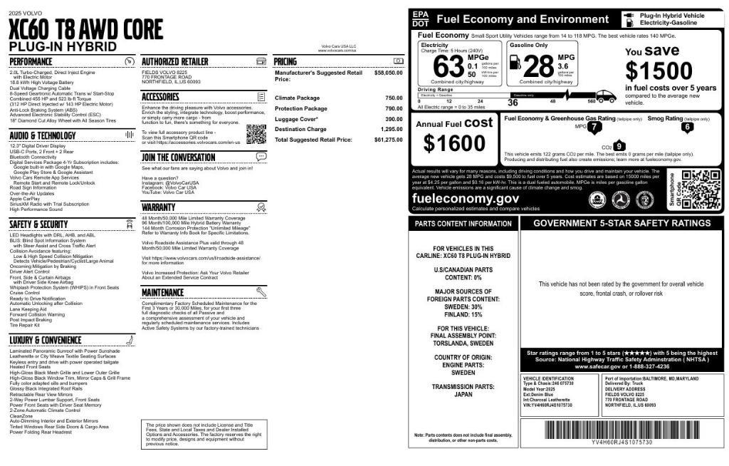 new 2025 Volvo XC60 Plug-In Hybrid car, priced at $61,275