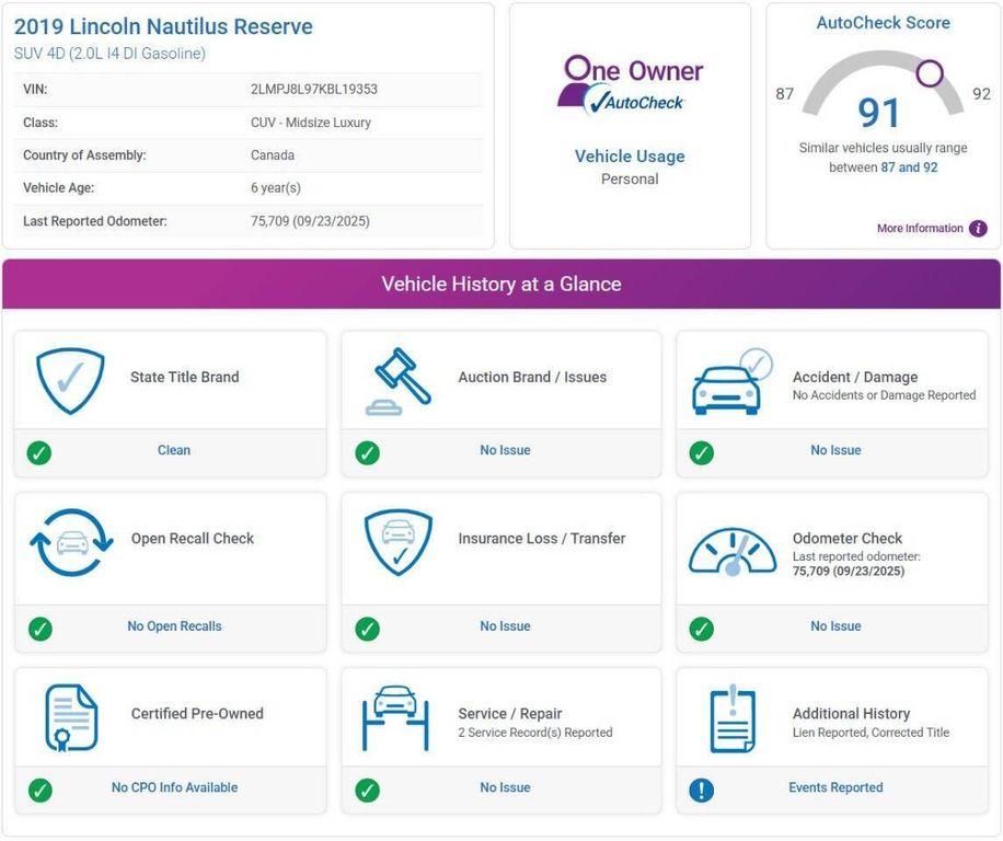 used 2019 Lincoln Nautilus car, priced at $21,974