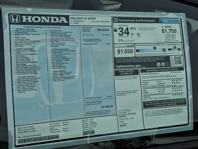 new 2025 Honda Civic car, priced at $27,800