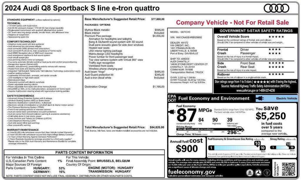 used 2024 Audi Q8 e-tron Sportback car, priced at $43,999