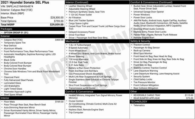 used 2021 Hyundai Sonata car, priced at $18,350