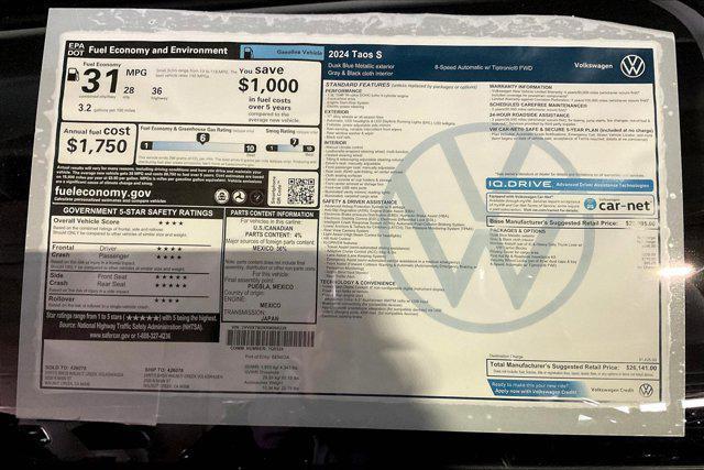 new 2024 Volkswagen Taos car, priced at $26,141