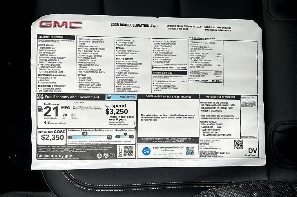 new 2026 GMC Acadia car, priced at $51,470