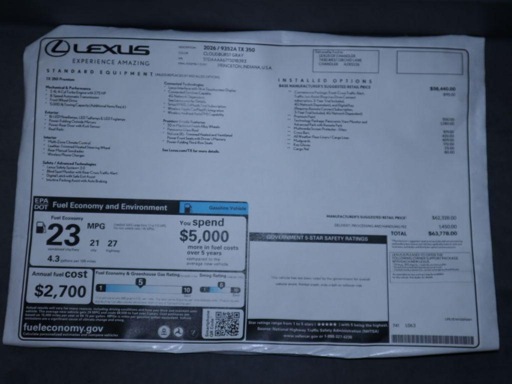 new 2026 Lexus TX 350 car, priced at $63,778