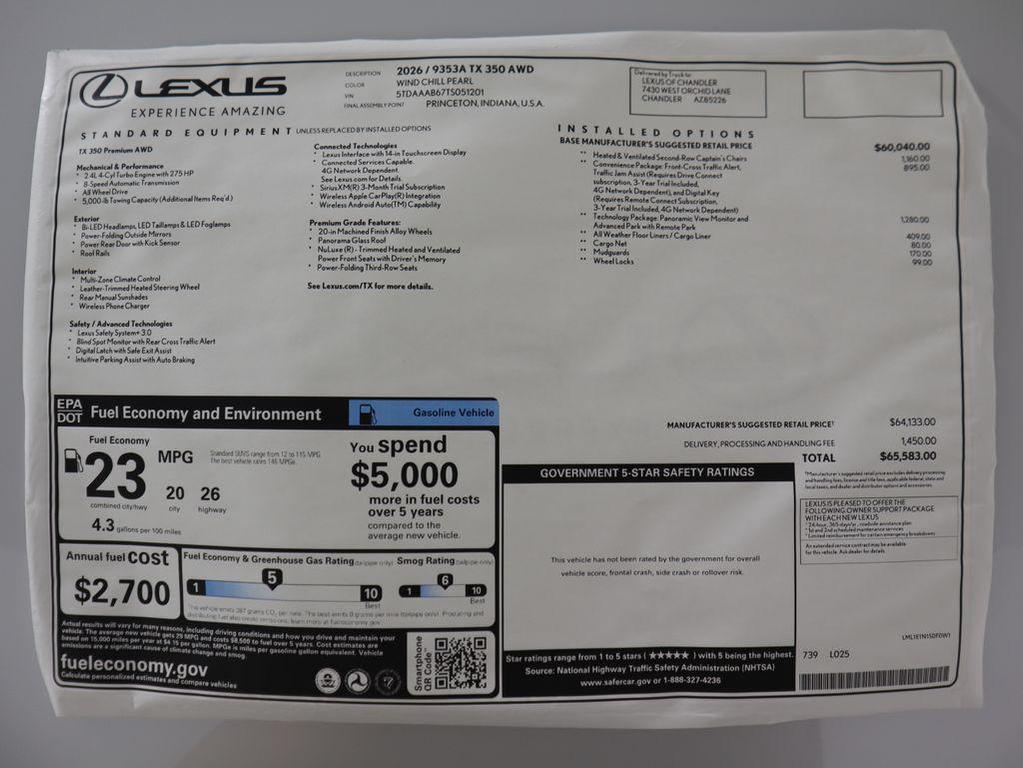 new 2026 Lexus TX 350 car, priced at $65,583