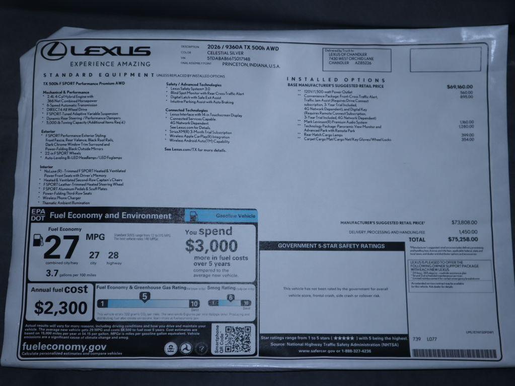 new 2026 Lexus TX 500h car, priced at $75,258